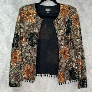 Dressbarn Collection Tapestry‎ Stretch Crop Blazer Jacket Beaded Gold Floral M